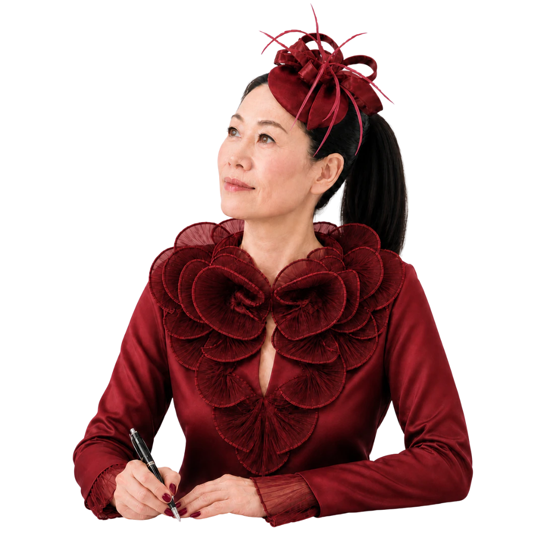 ペンを手に微笑む新崎江里